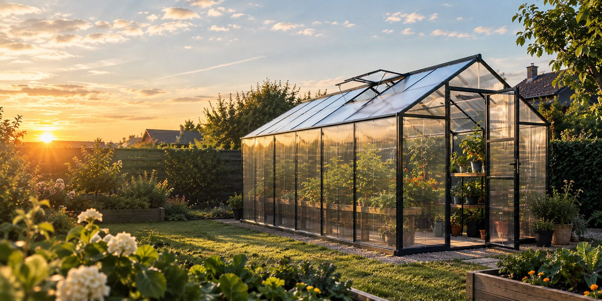 Serre de jardin en polycarbonate dans un potager
